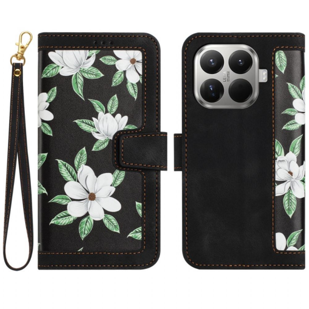 Flip Case Leren Xiaomi 15t Pro Bloemenpatroon Met Bandje