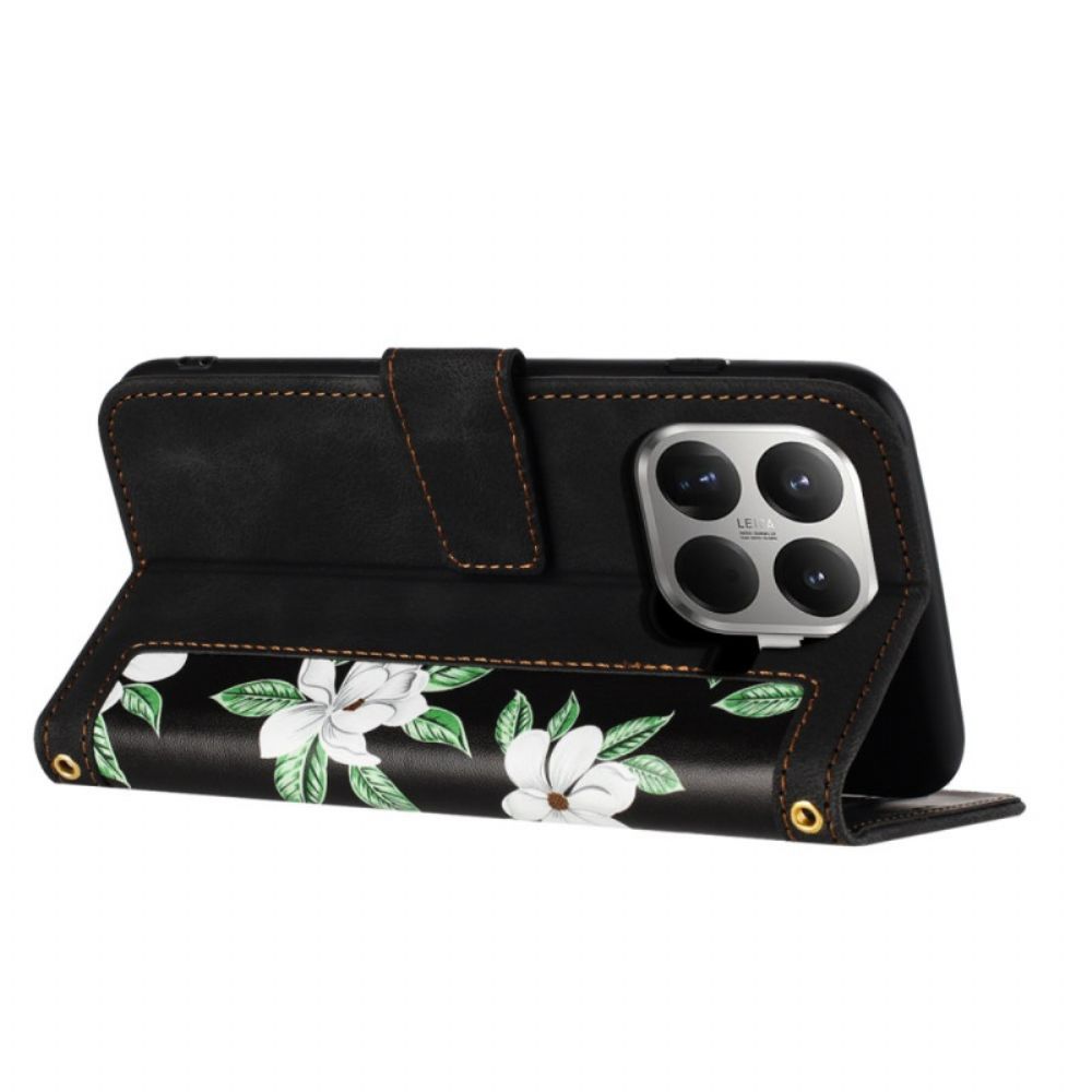 Flip Case Leren Xiaomi 15t Pro Bloemenpatroon Met Bandje