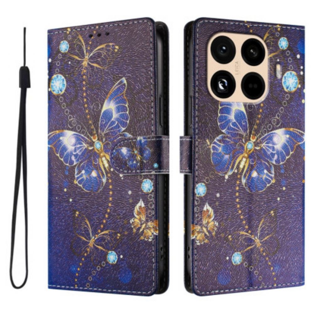 Folio-hoesje Xiaomi 15t Pro Telefoonhoesje Gouden En Blauwe Vlinders