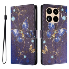 Folio-hoesje Xiaomi 15t Pro Telefoonhoesje Gouden En Blauwe Vlinders