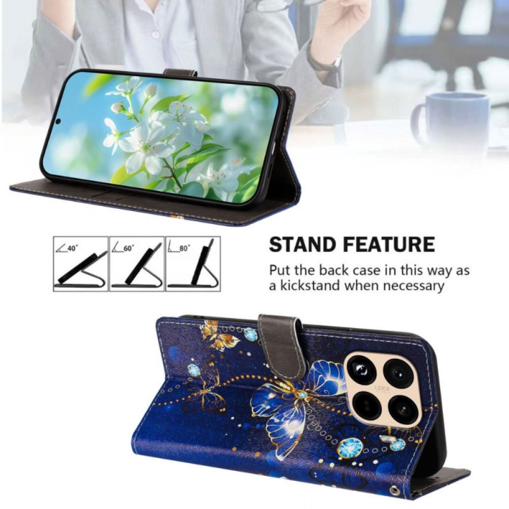 Folio-hoesje Xiaomi 15t Pro Telefoonhoesje Gouden En Blauwe Vlinders