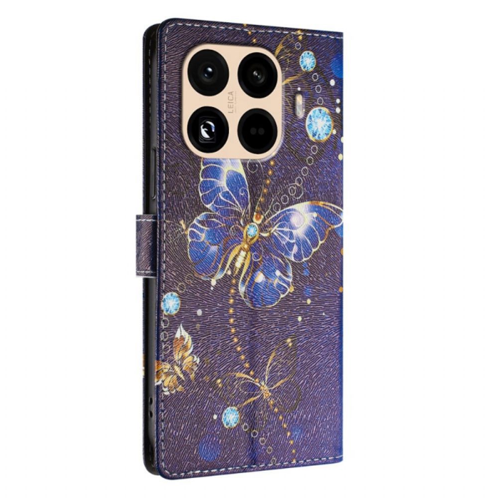 Folio-hoesje Xiaomi 15t Pro Telefoonhoesje Gouden En Blauwe Vlinders