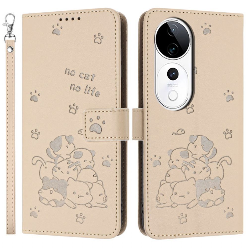 Flip Case Leren Vivo V40 5g Kattenpatroon Met Bandje