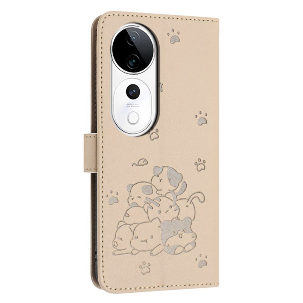 Flip Case Leren Vivo V40 5g Kattenpatroon Met Bandje