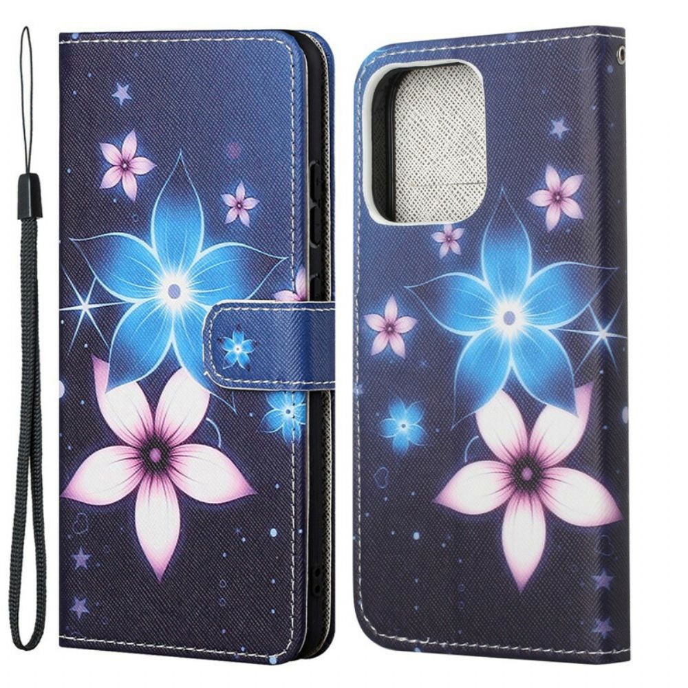 Folio-hoesje voor iPhone 13 Met Ketting Maanband Bloemen