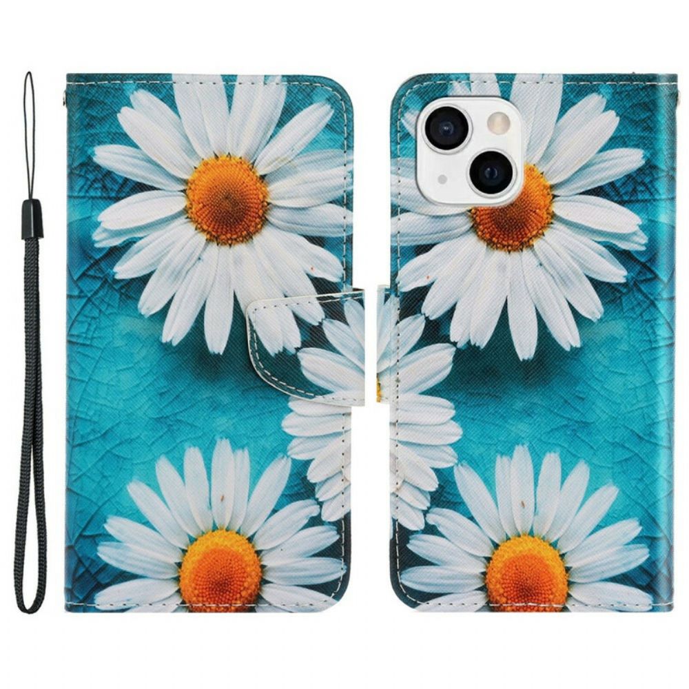 Folio-hoesje voor iPhone 13 Met Ketting Thong Madeliefjes