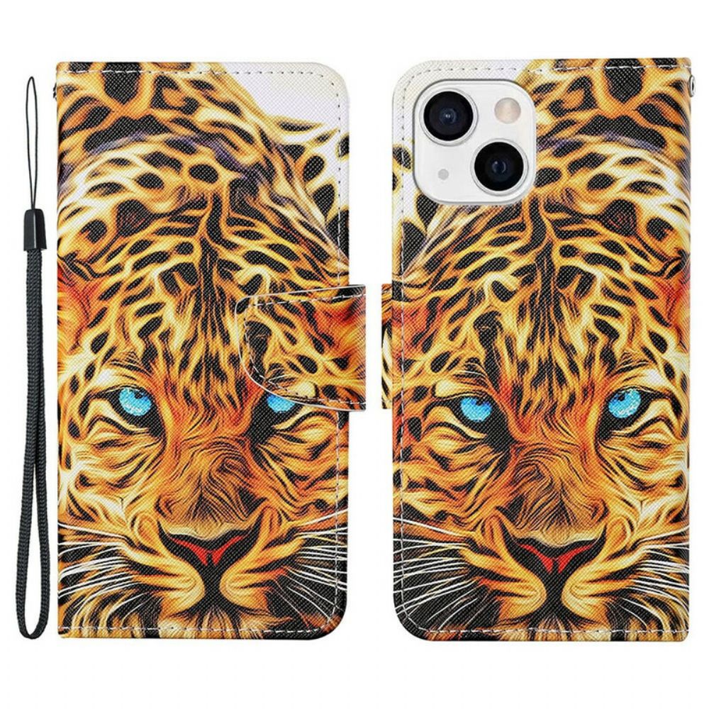 Folio-hoesje voor iPhone 13 Tijger Met Lanyard