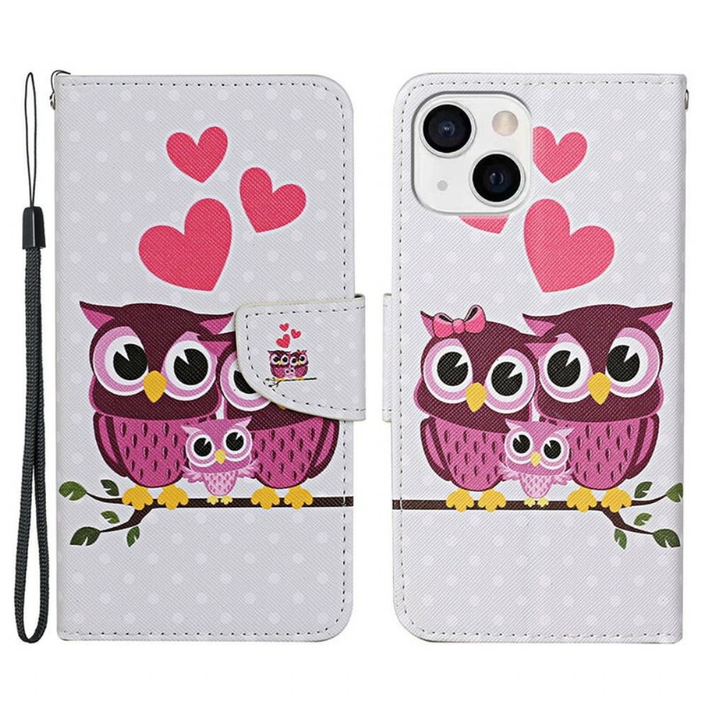 Folio-hoesje voor iPhone 13 Uil Familie Met Lanyard