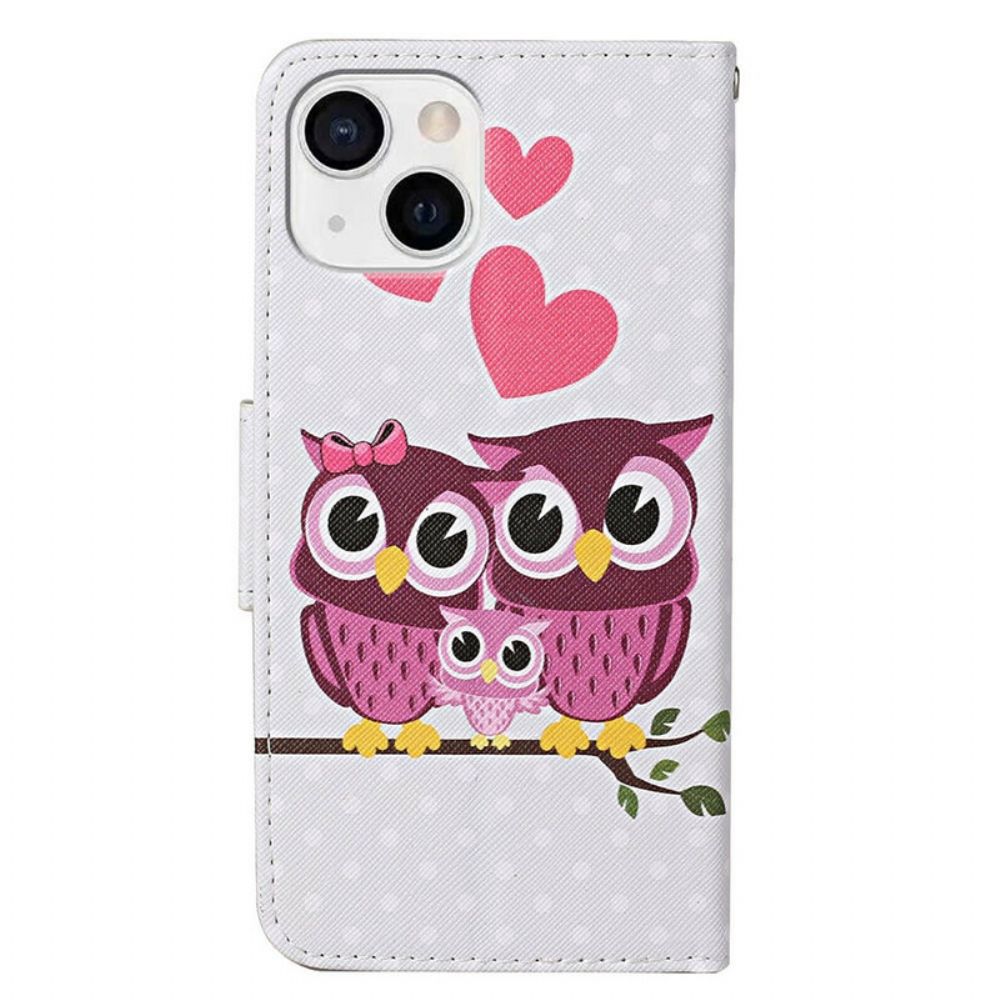 Folio-hoesje voor iPhone 13 Uil Familie Met Lanyard