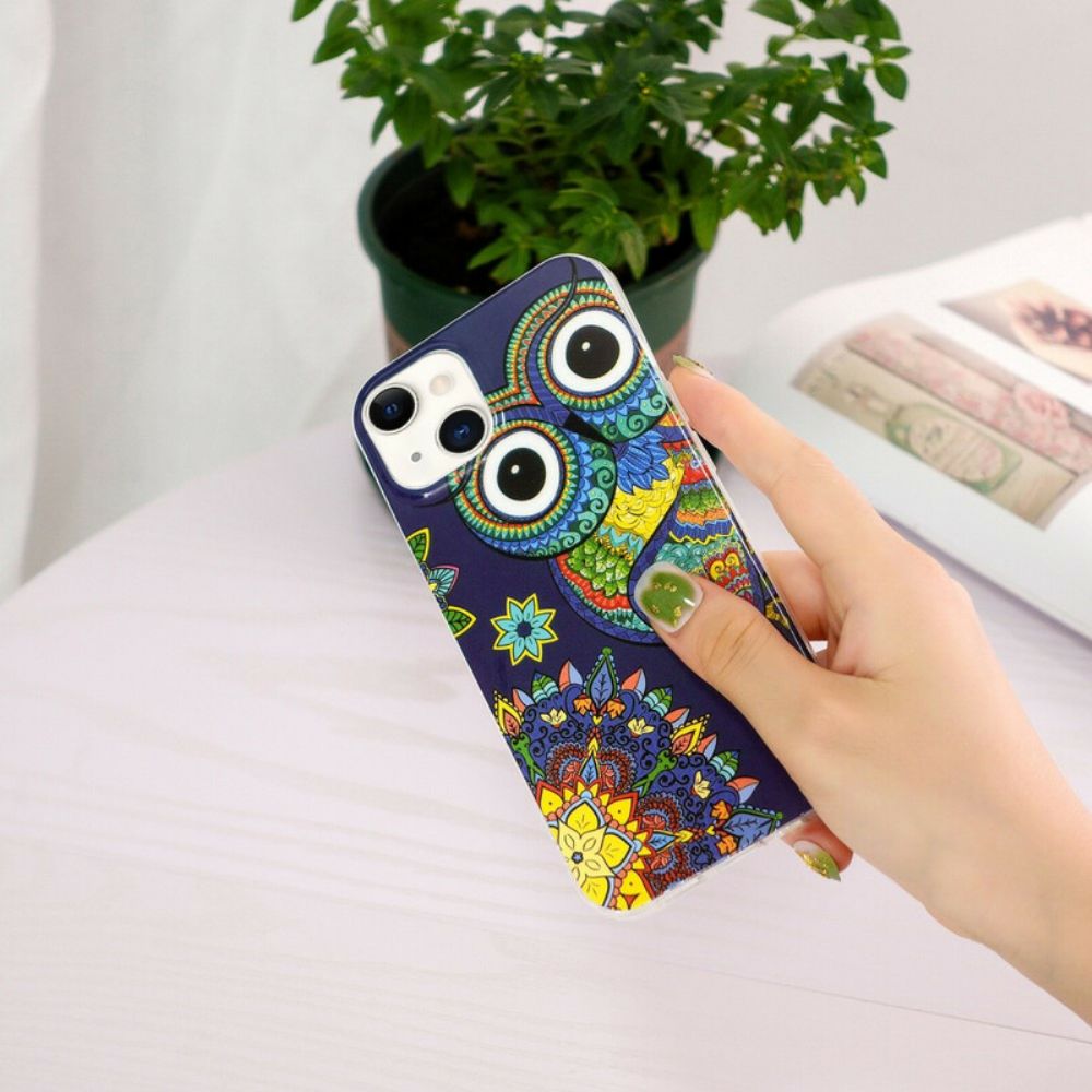 Hoesje voor iPhone 13 Fluorescerende Mandala Uil