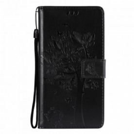 Leren Hoesje voor iPhone 13 Met Ketting Boom En Kat Met Bandjes