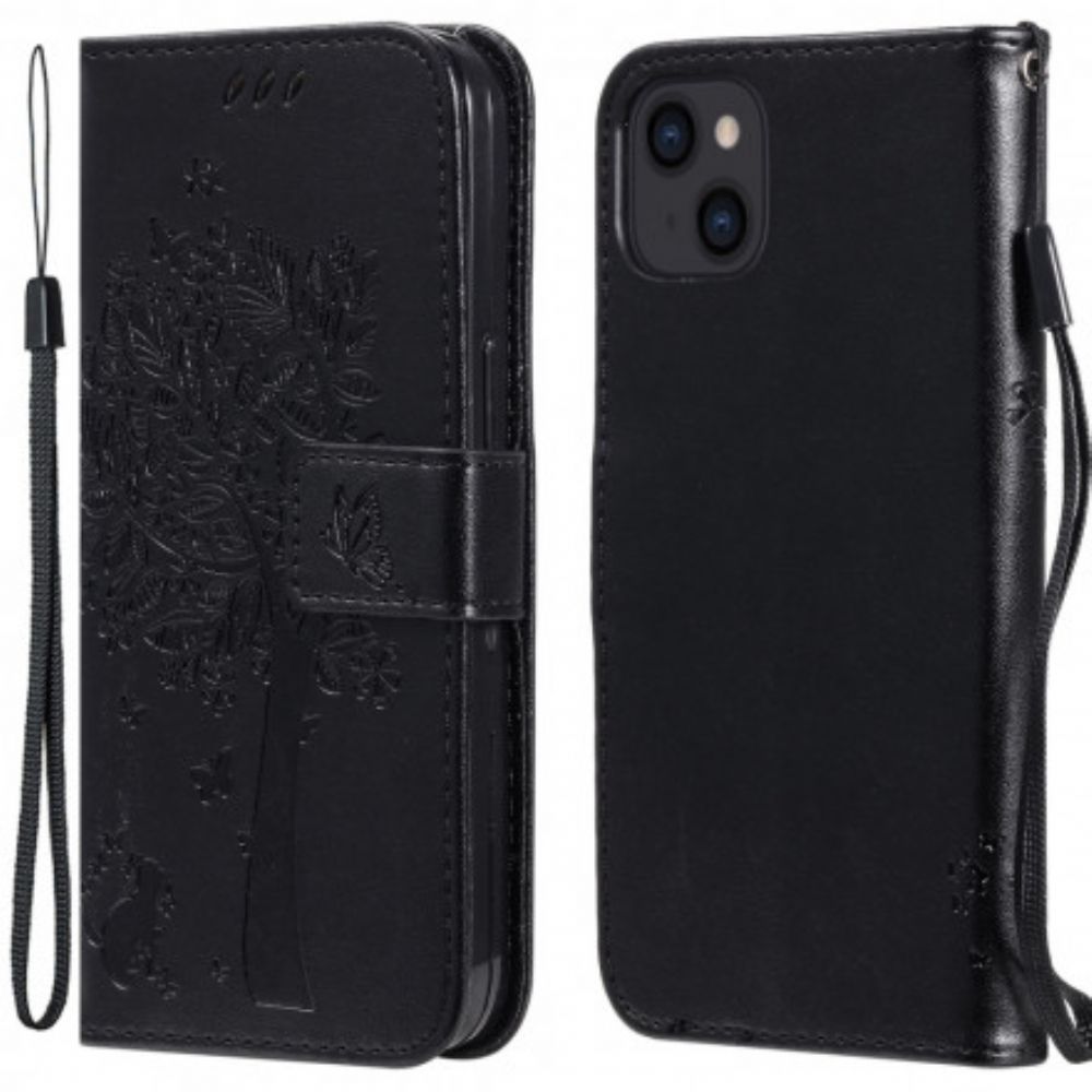 Leren Hoesje voor iPhone 13 Met Ketting Boom En Kat Met Bandjes