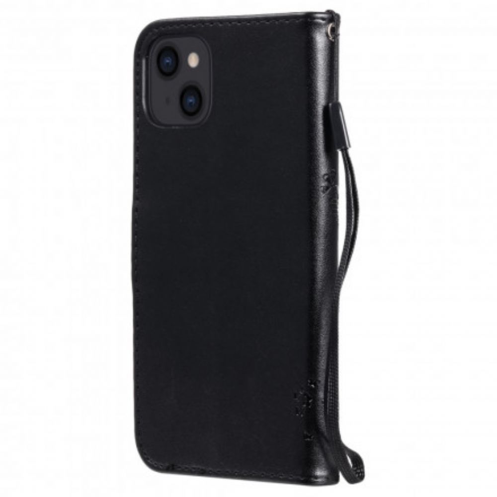 Leren Hoesje voor iPhone 13 Met Ketting Boom En Kat Met Bandjes