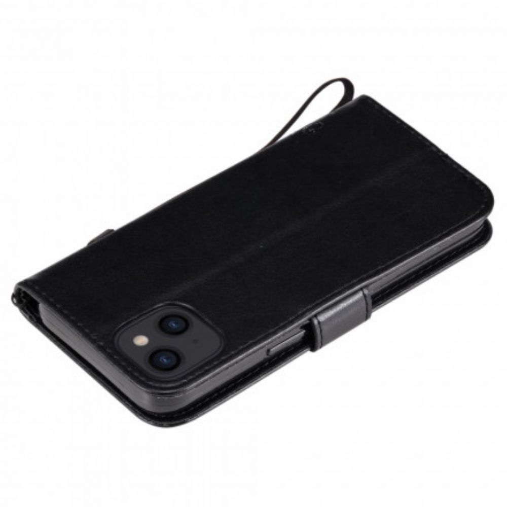 Leren Hoesje voor iPhone 13 Met Ketting Boom En Kat Met Bandjes