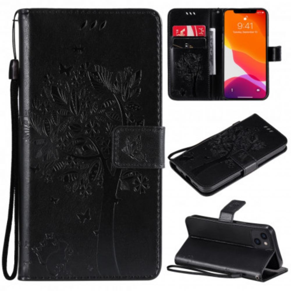 Leren Hoesje voor iPhone 13 Met Ketting Boom En Kat Met Bandjes