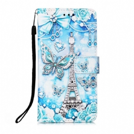 Leren Hoesje voor iPhone 13 Pro Max Met Ketting Eiffeltoren Vlinderriem