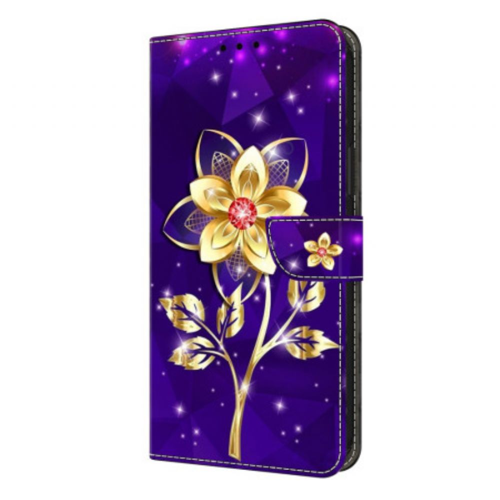 Folio-hoesje Samsung Galaxy S26 Plus Telefoonhoesje Gouden Bloemen Op Een Paarse Achtergrond