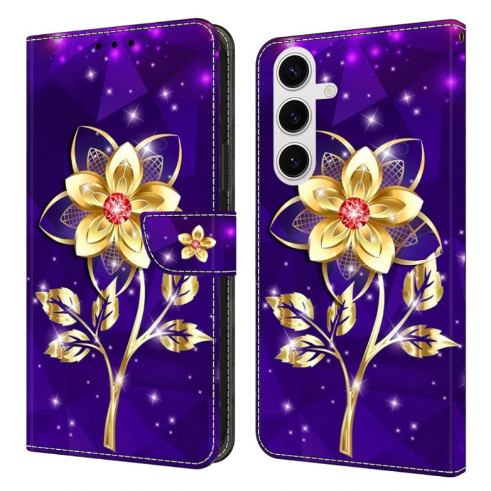 Folio-hoesje Samsung Galaxy S26 Plus Telefoonhoesje Gouden Bloemen Op Een Paarse Achtergrond