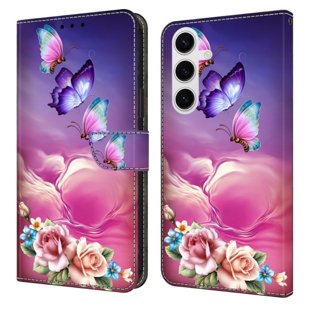 Leren Hoesje Samsung Galaxy S26 Plus Bloemen-vlinderpatroon Bescherming Hoesje