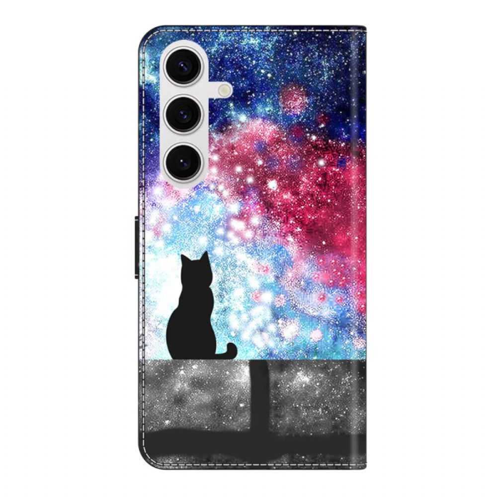Leren Hoesje Samsung Galaxy S26 Plus Kat In Een Sterrenhemel Bescherming Hoesje