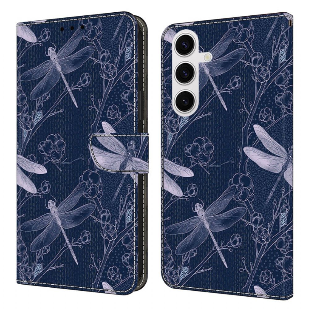 Leren Hoesje Samsung Galaxy S26 Plus Libellen Op Een Blauwe Achtergrond Achtergrond Bescherming Hoesje