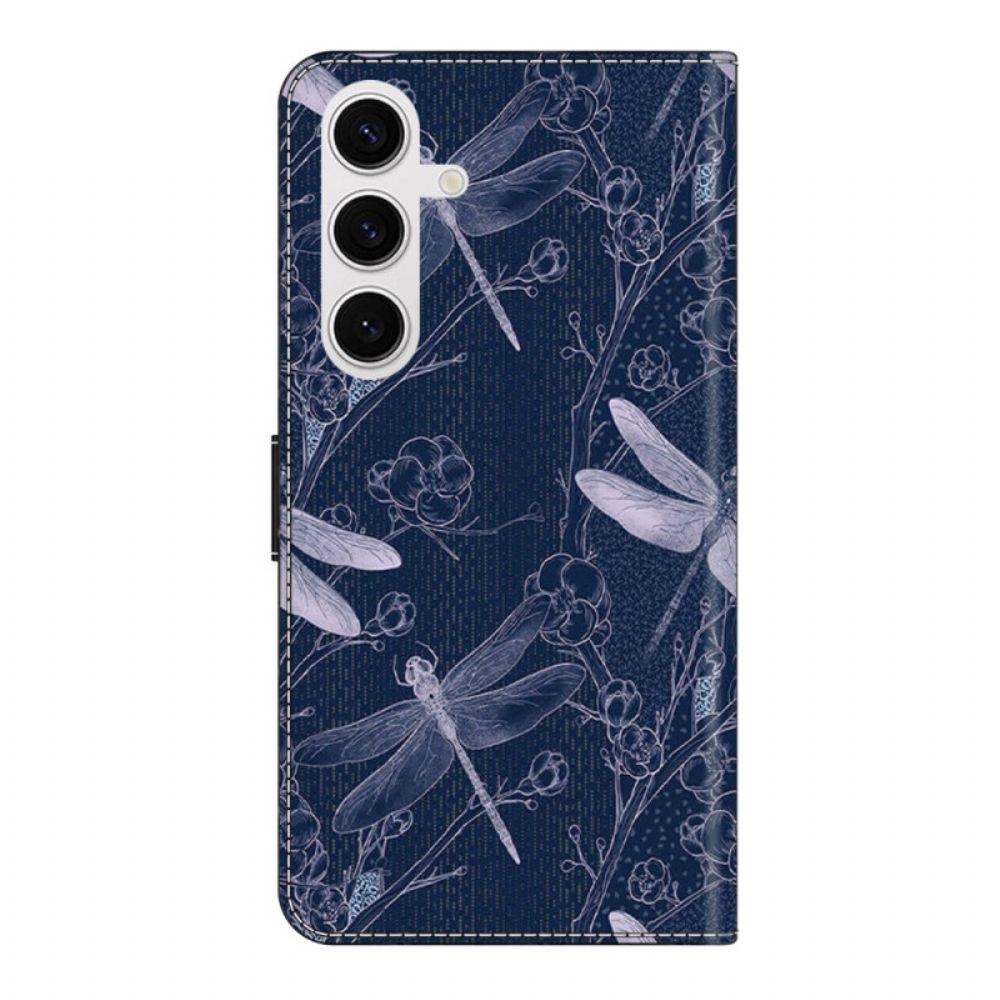 Leren Hoesje Samsung Galaxy S26 Plus Libellen Op Een Blauwe Achtergrond Achtergrond Bescherming Hoesje