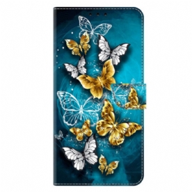 Leren Hoesje Voor Samsung Galaxy S26 Plus Gouden Vlinder Op Groen