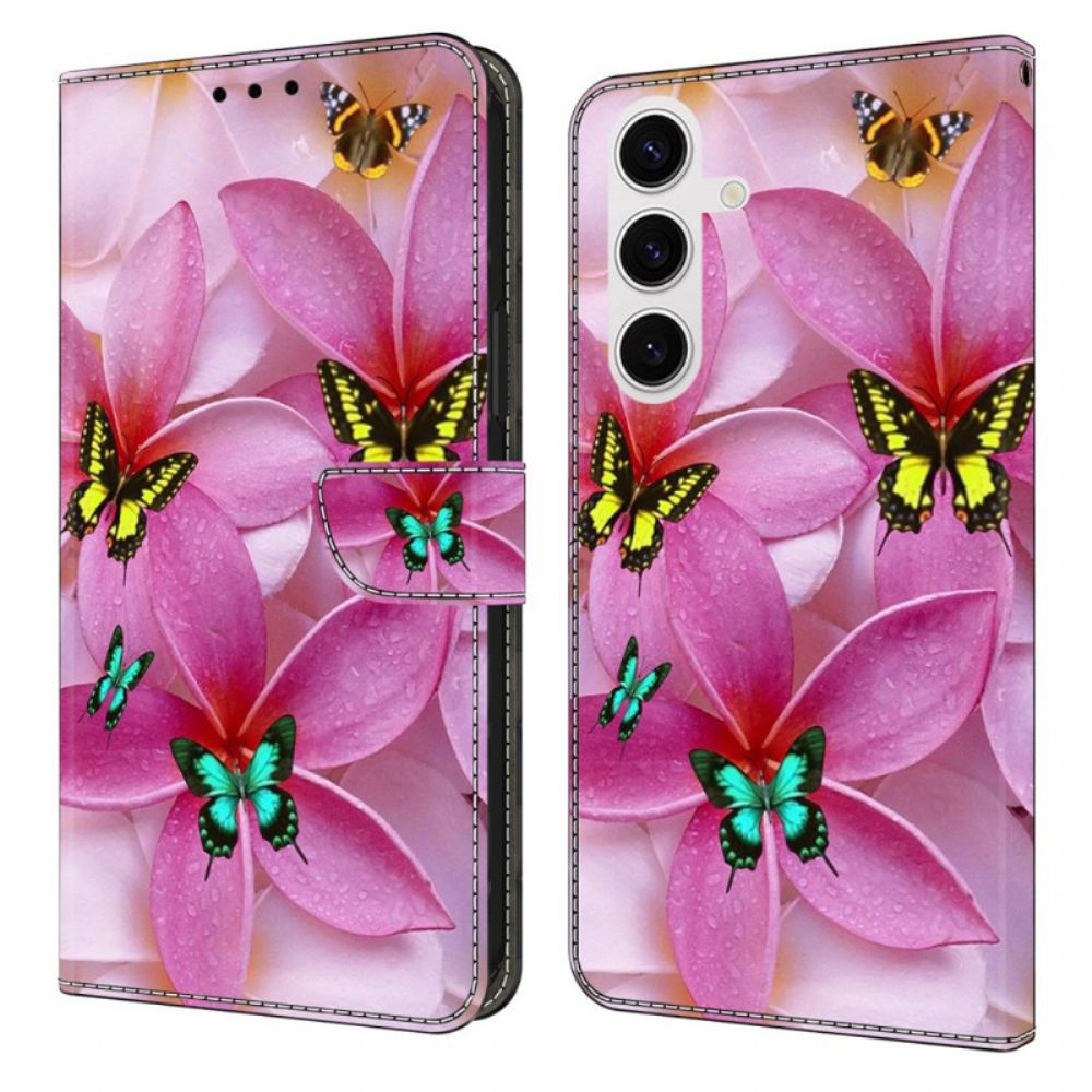 Leren Hoesje Voor Samsung Galaxy S26 Plus Roze Bloemenvlinders