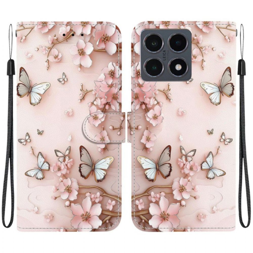 Folio-hoesje Xiaomi 15t Telefoonhoesje Roségouden Vlinders En Bloemen