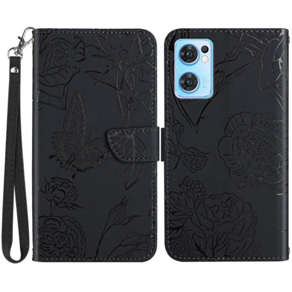 Folio-hoesje voor Oppo Find X5 Lite Met Ketting Bandje Met Vlinderprint