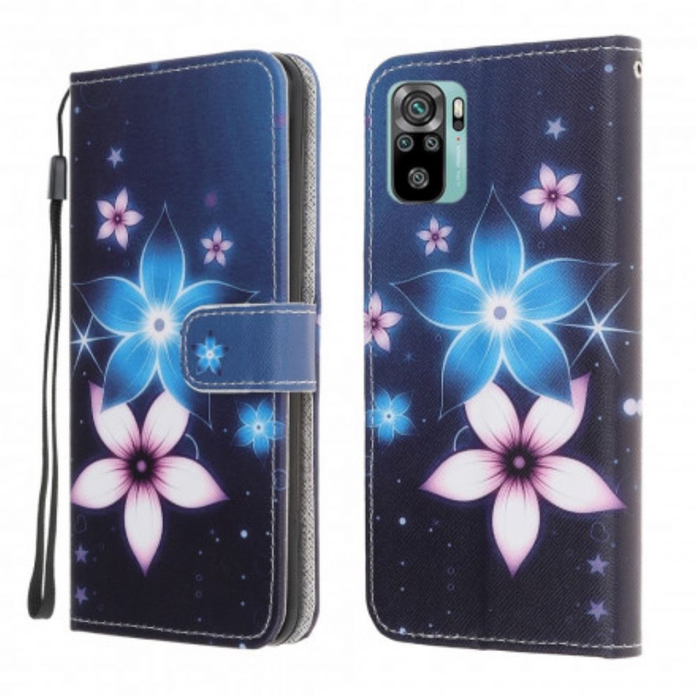 Folio-hoesje voor Xiaomi Redmi Note 10 / 10S Met Ketting Maanband Bloemen