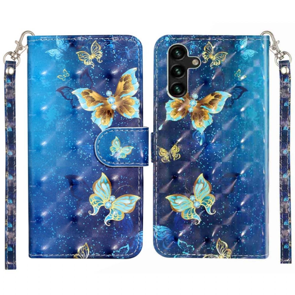 Leren Hoesje Samsung Galaxy S25 Fe Blauw-gouden Vlinders Met Koord