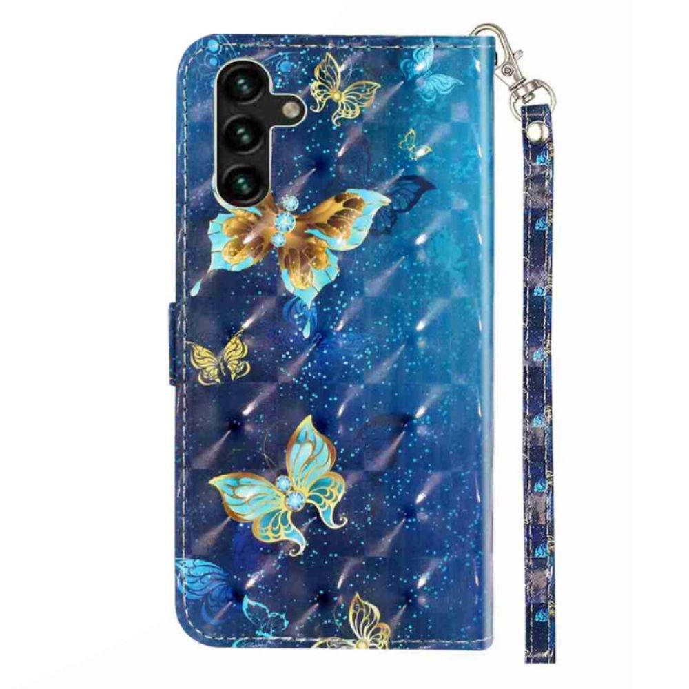 Leren Hoesje Samsung Galaxy S25 Fe Blauw-gouden Vlinders Met Koord