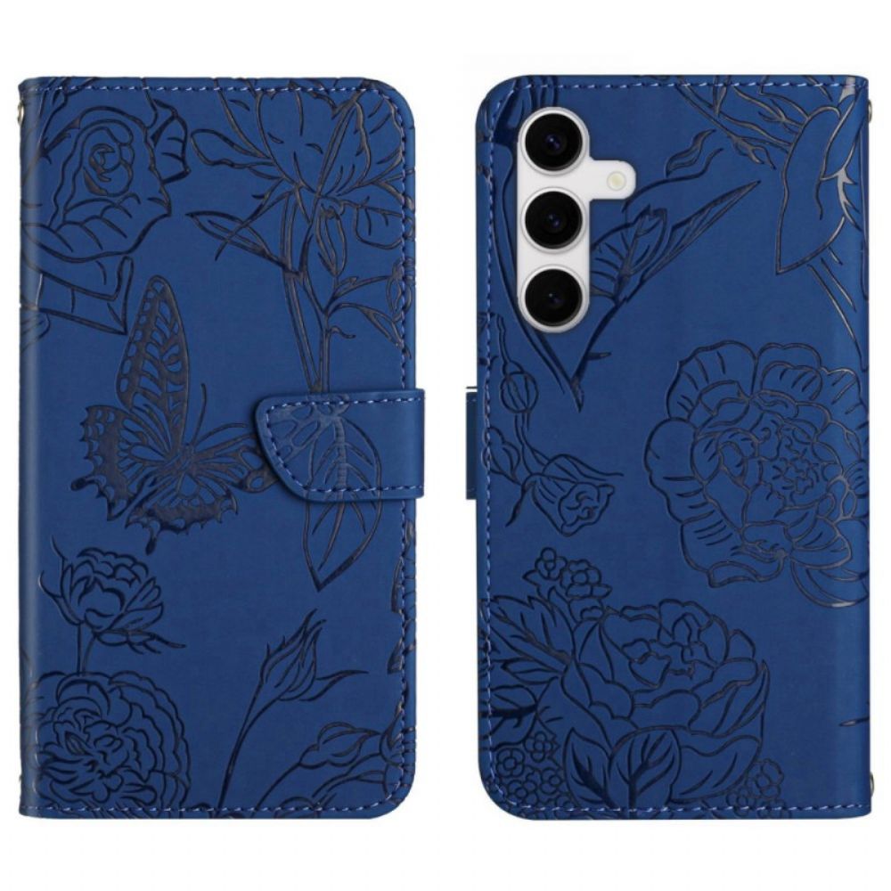 Leren Hoesje Samsung Galaxy S25 Fe Schouderband Met Vlinderprint Bescherming Hoesje