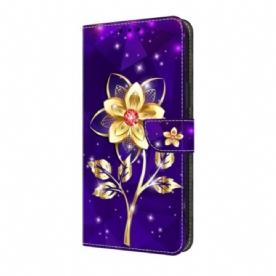Leren Hoesje Voor Samsung Galaxy S25 Fe Gouden Bloemen Op Een Paarse Achtergrond