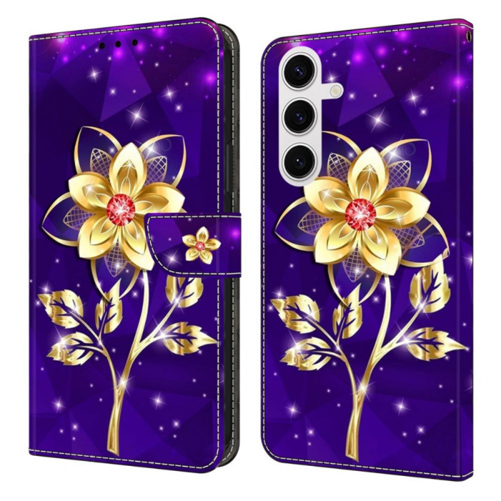Leren Hoesje Voor Samsung Galaxy S25 Fe Gouden Bloemen Op Een Paarse Achtergrond