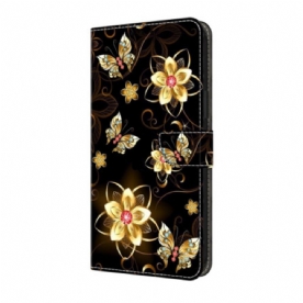 Leren Hoesje Voor Samsung Galaxy S25 Fe Gouden Bloemen En Vlinders
