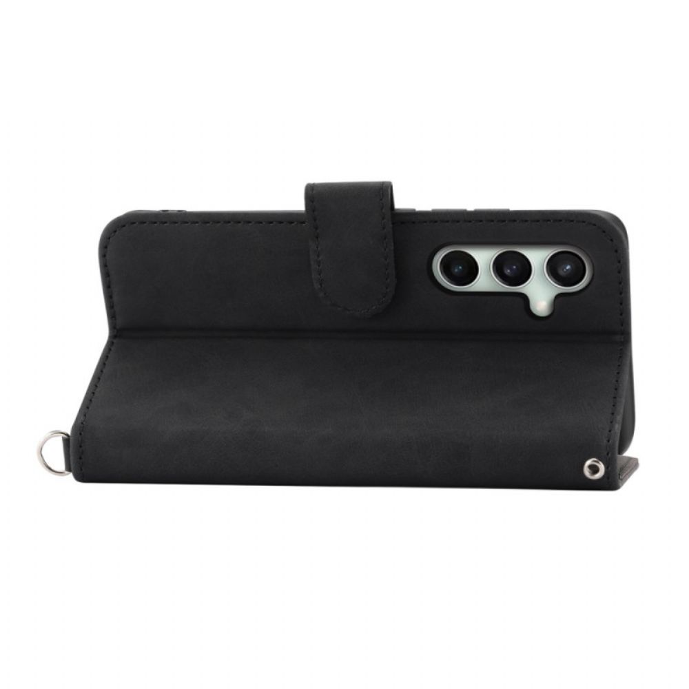 Leren Hoesje Voor Samsung Galaxy S25 Fe Kantprint Met Bandje En Schouderband