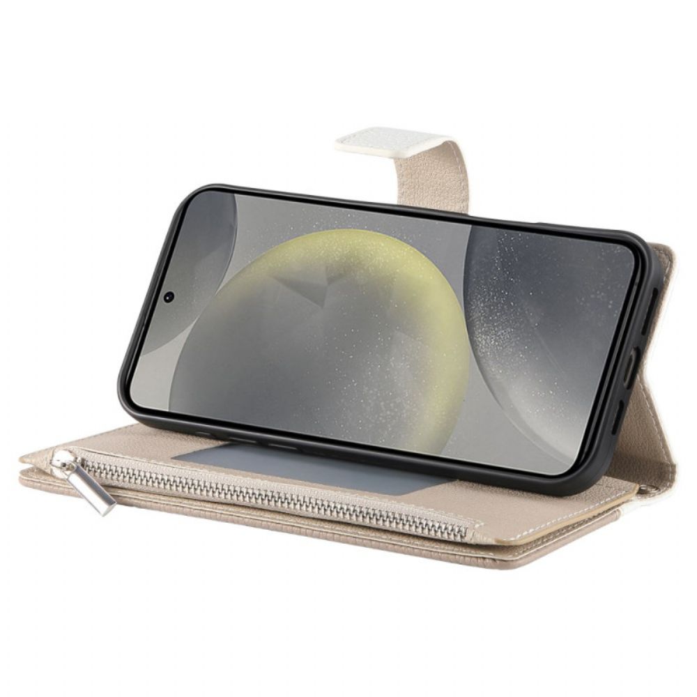 Leren Hoesje Voor Samsung Galaxy S25 Fe Leren Portemonnee Met Ritssluiting En Riempjes