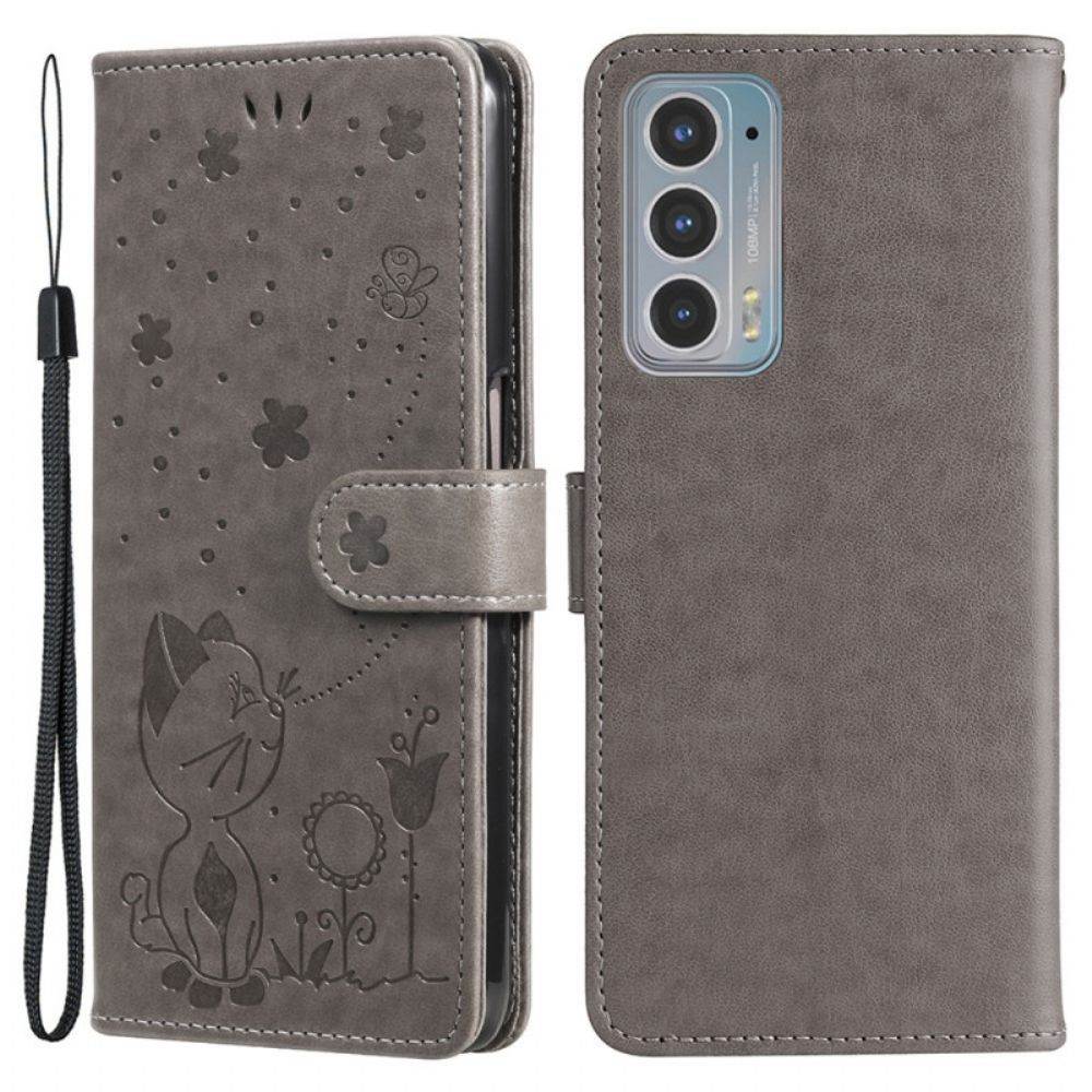 Folio-hoesje voor Motorola Edge 20 Met Ketting Kat En Bij Met Riem