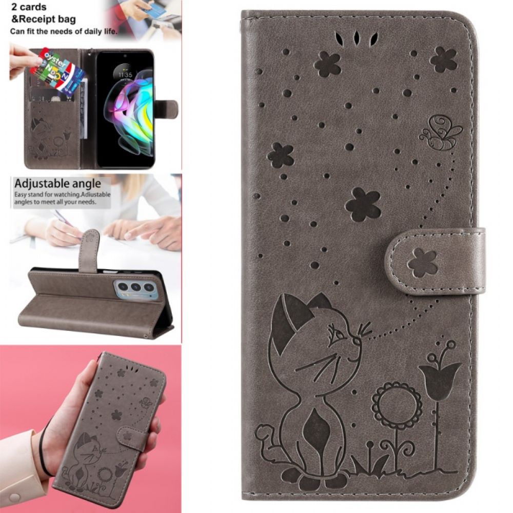 Folio-hoesje voor Motorola Edge 20 Met Ketting Kat En Bij Met Riem