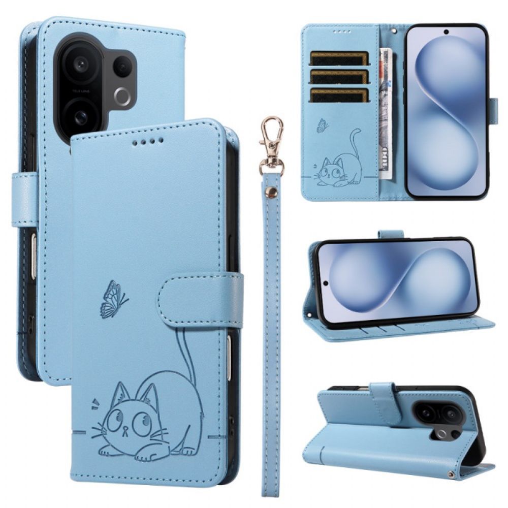 Folio-hoesje Vivo X200 Fe Gegraveerde Kat Met Bandje