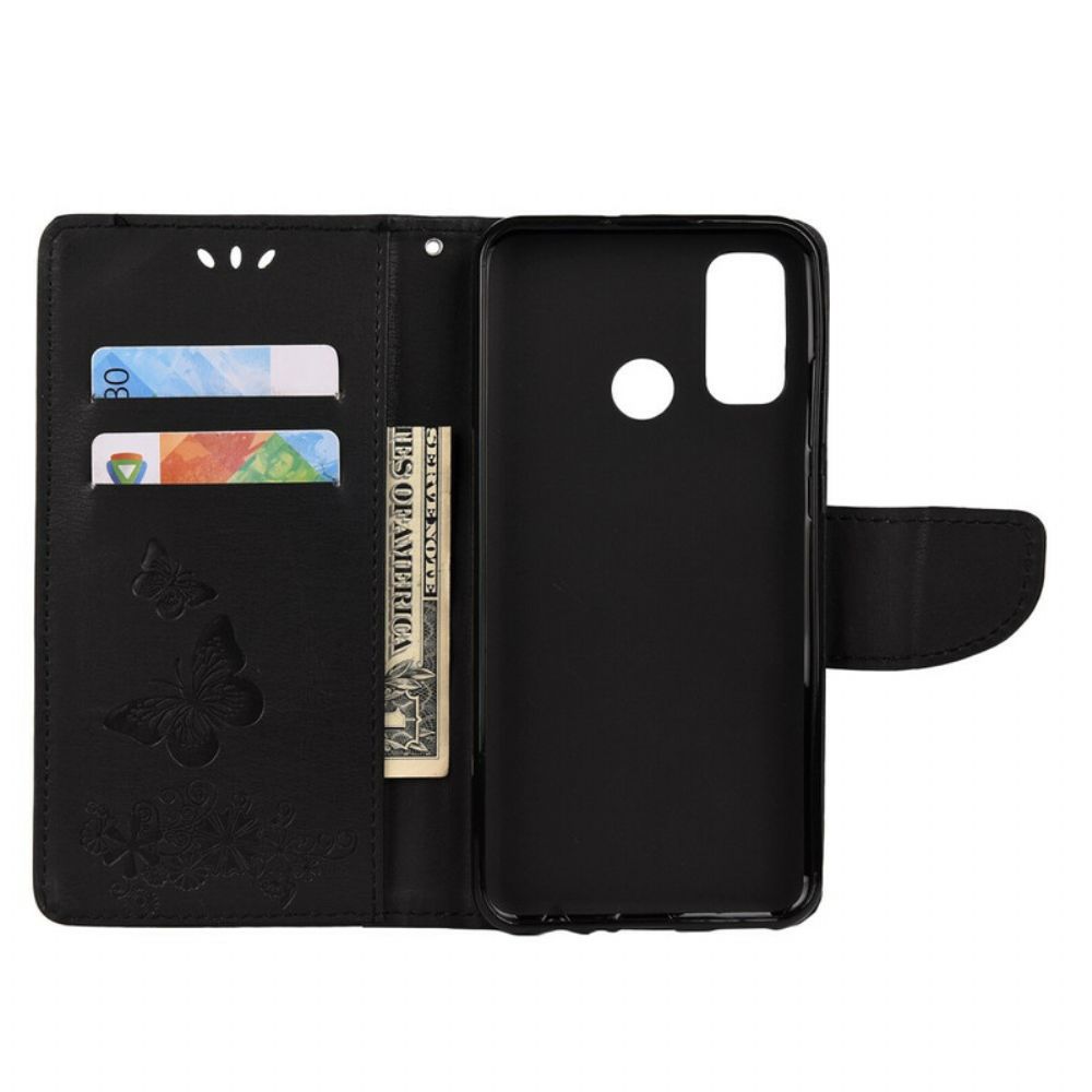 Leren Hoesje voor Huawei P Smart 2020 Met Ketting Prachtige Vlinders Met Riem