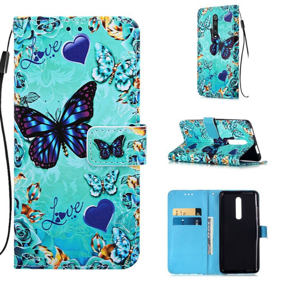 Folio-hoesje voor Xiaomi Mi 9T / Mi 9T Pro Met Ketting Liefde Vlinders Strappy