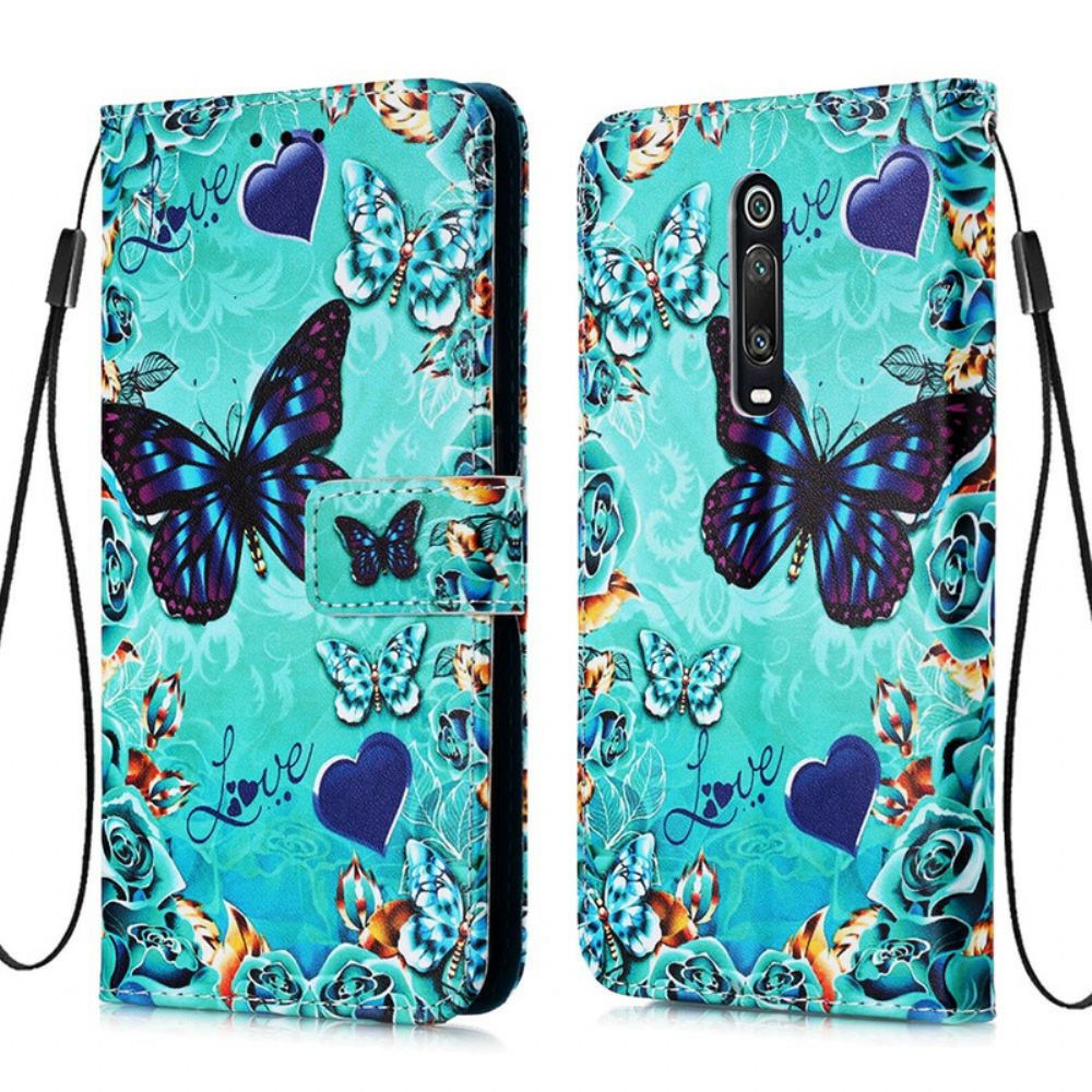 Folio-hoesje voor Xiaomi Mi 9T / Mi 9T Pro Met Ketting Liefde Vlinders Strappy