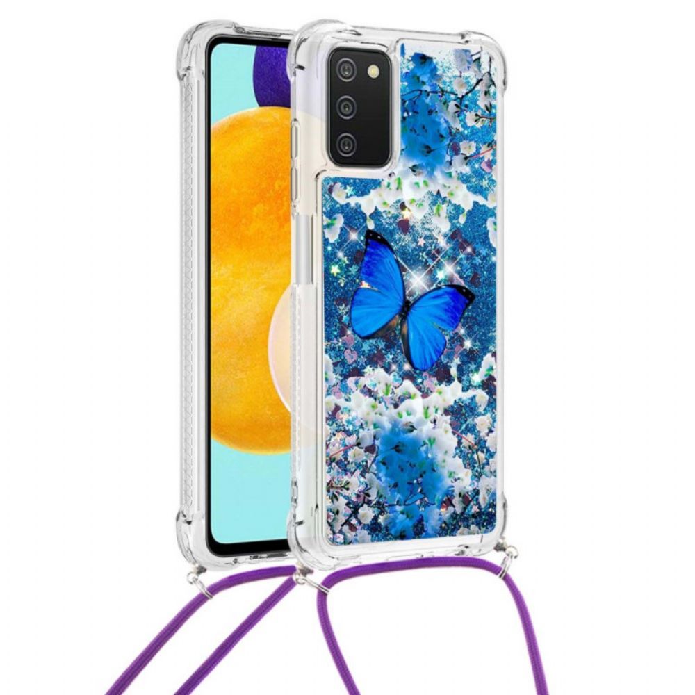 Hoesje voor Samsung Galaxy A03s Met Koord Vlinder Pailletten Trekkoord