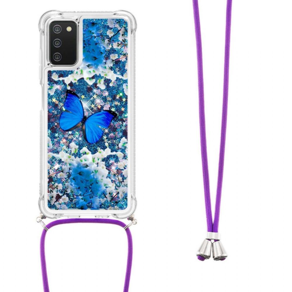Hoesje voor Samsung Galaxy A03s Met Koord Vlinder Pailletten Trekkoord