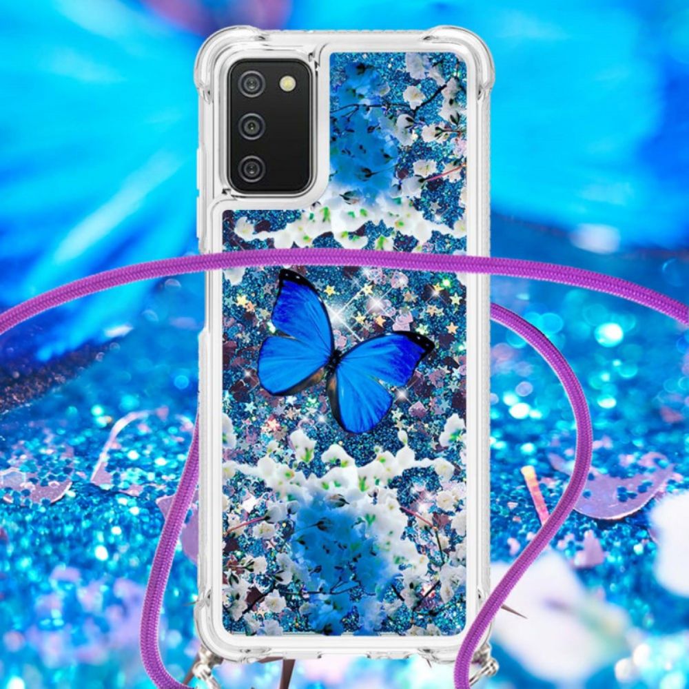 Hoesje voor Samsung Galaxy A03s Met Koord Vlinder Pailletten Trekkoord