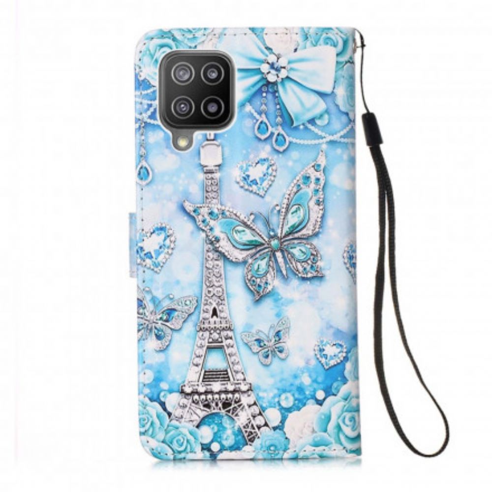 Folio-hoesje voor Samsung Galaxy A22 4G Met Ketting Eiffeltoren Vlinders Met Riem