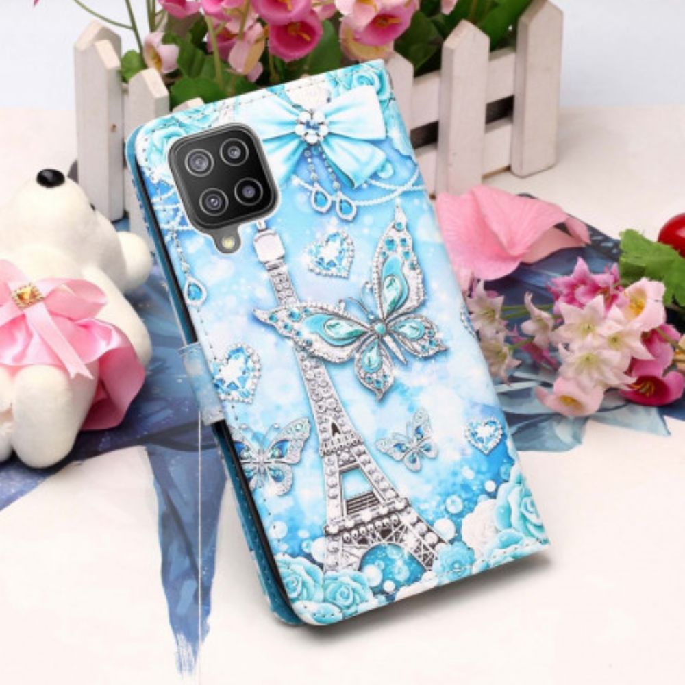 Folio-hoesje voor Samsung Galaxy A22 4G Met Ketting Eiffeltoren Vlinders Met Riem